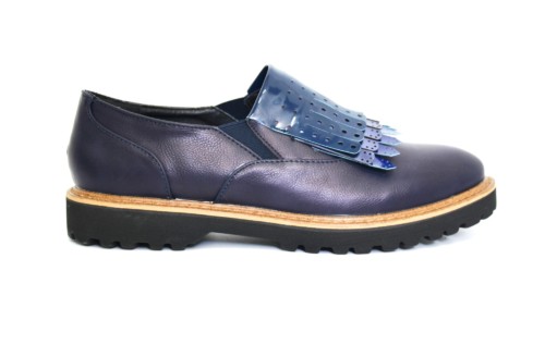 Derbies-Derby-Simili-Cuir-Uni-avec-Multi-Franges-Perforees-Vernies-Bleu