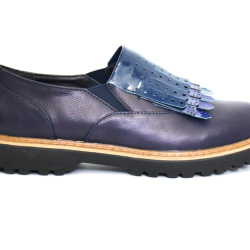 Derbies-Derby-Simili-Cuir-Uni-avec-Multi-Franges-Perforees-Vernies-Bleu