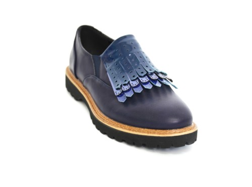 Derbies-Derby-Simili-Cuir-Uni-avec-Multi-Franges-Perforees-Vernies-Bleu