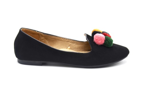 Ballerines-Slippers-Mocassins-Effet-Daim-Uni-Noir-avec-Contour-Vernis-et-Pompons-Boule-Multicolore