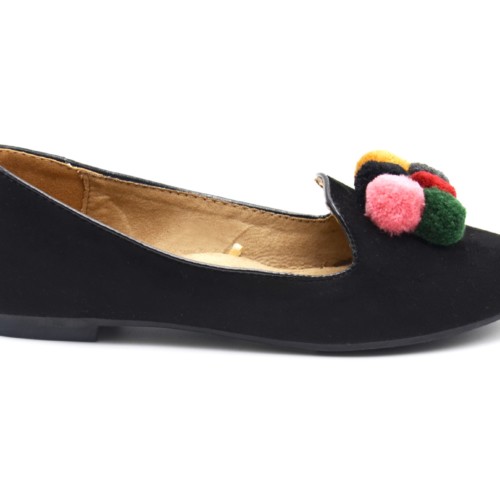 Ballerines-Slippers-Mocassins-Effet-Daim-Uni-Noir-avec-Contour-Vernis-et-Pompons-Boule-Multicolore