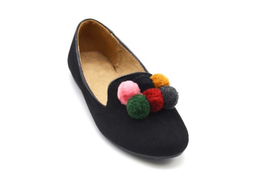 Ballerines-Slippers-Mocassins-Effet-Daim-Uni-Noir-avec-Contour-Vernis-et-Pompons-Boule-Multicolore