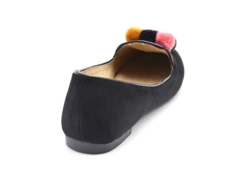 Ballerines-Slippers-Mocassins-Effet-Daim-Uni-Noir-avec-Contour-Vernis-et-Pompons-Boule-Multicolore