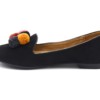 Ballerines-Slippers-Mocassins-Effet-Daim-Uni-Noir-avec-Contour-Vernis-et-Pompons-Boule-Multicolore