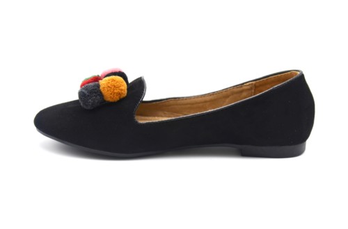 Ballerines-Slippers-Mocassins-Effet-Daim-Uni-Noir-avec-Contour-Vernis-et-Pompons-Boule-Multicolore