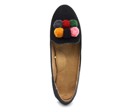 Ballerines-Slippers-Mocassins-Effet-Daim-Uni-Noir-avec-Contour-Vernis-et-Pompons-Boule-Multicolore