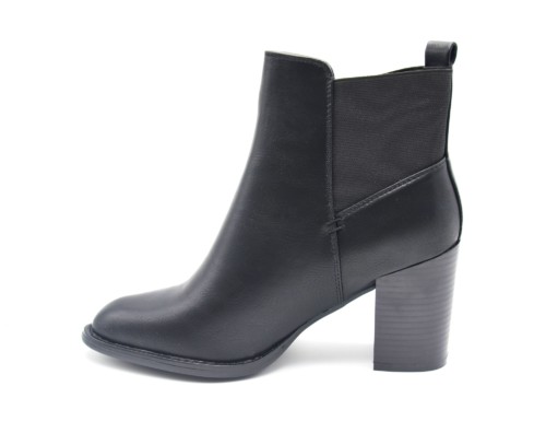 Bottines-Boots-Talon-Carre-Simili-Cuir-Uni-Noir-avec-Bout-Pointu-et-Bande-Tissu-Elastique