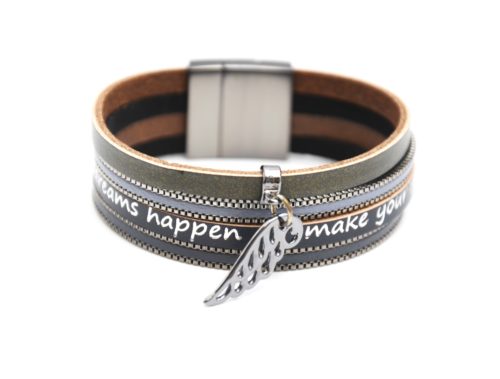 Bracelet-Manchette-Multi-Rangs-Cuir-Chaines-Noir-avec-Message-et-Charm-Aile-dAnge-Metal