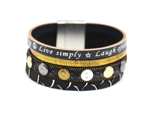 Bracelet-Manchette-Multi-Rangs-Cuir-Message-Ecailles-Noir-avec-Bande-Metal-Dore-et-Gros-Clous