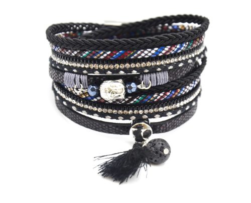 Bracelet-Double-Tour-Multi-Rangs-Tresse-Strass-Ecailles-Noir-avec-Charms-Bouddha-Pierre-Pompon