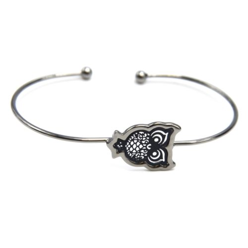 Bracelet-Jonc-Ouvert-avec-Chouette-Hibou-Cisele-Metal-Noir-Gris