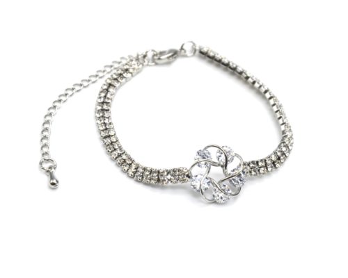 Bracelet-2-Rangs-Strass-avec-Charm-Fleur-Pierres-et-Metal-Argente