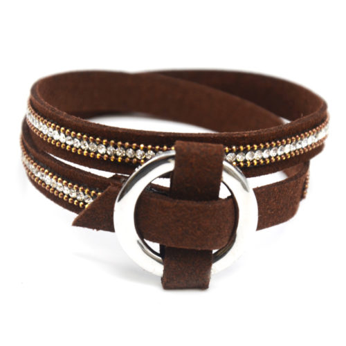 Bracelet-Double-tower-felt-brown-with-rhinestone-and-circle-clasp-Metal