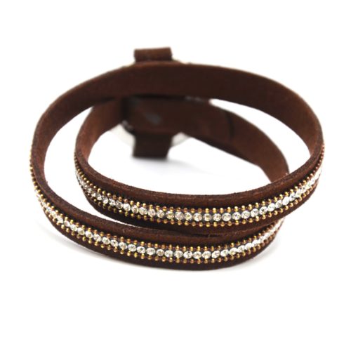 Bracelet-Double-Tour-Feutrine-Marron-avec-Strass-et-Cercle-Fermoir-Metal