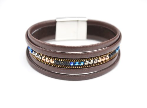 Bracelet-Manchette-Multi-Rangs-Simili-Cuir-Marron-avec-Chaines-et-Clous-Multicolore