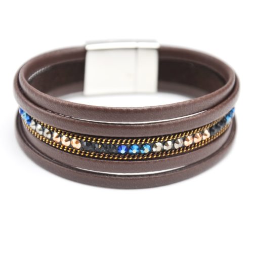 Bracelet-Manchette-Multi-Rangs-Simili-Cuir-Marron-avec-Chaines-et-Clous-Multicolore