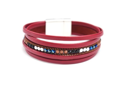 Bracelet-Manchette-Multi-Rangs-Simili-Cuir-Bordeaux-avec-Chaines-et-Clous-Multicolore