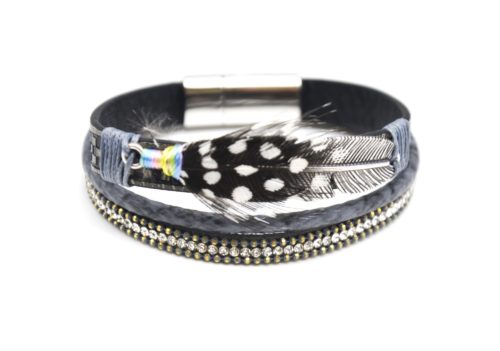 Bracelet-Manchette-Multi-Rangs-Simili-Cuir-Motif-Gris-avec-Strass-et-Plume-Ethnique