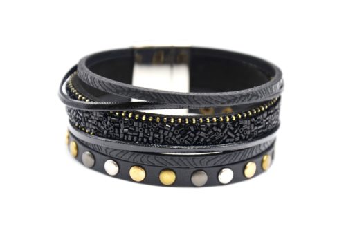 Bracelet-Manchette-Multi-Rangs-Simili-Cuir-Noir-avec-Perles-Rocaille-et-Gros-Clous-Tricolore