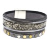 Bracelet-Manchette-Multi-Rangs-Simili-Cuir-Gris-avec-Perles-Rocaille-et-Gros-Clous-Tricolore