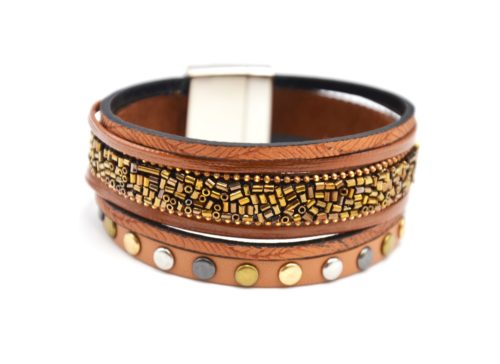 Bracelet-Manchette-Multi-Rangs-Simili-Cuir-Taupe-avec-Perles-Rocaille-et-Gros-Clous-Tricolore