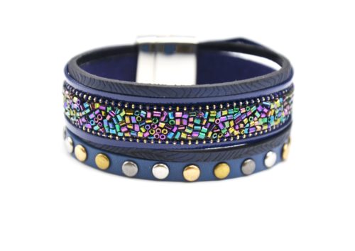 Bracelet-Manchette-Multi-Rangs-Simili-Cuir-Bleu-Marine-avec-Perles-Rocaille-et-Gros-Clous-Tricolore