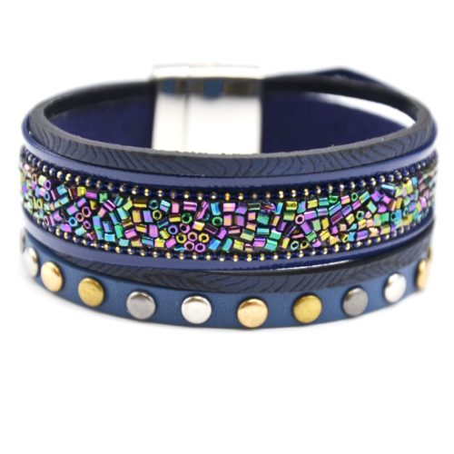 Bracelet-Manchette-Multi-Rangs-Simili-Cuir-Bleu-Marine-avec-Perles-Rocaille-et-Gros-Clous-Tricolore
