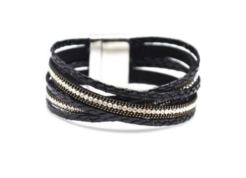 Bracelet-Manchette-Multi-Rangs-Croises-Tresses-Vernies-Noir-avec-Chaines-et-Strass