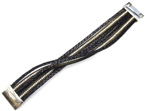 Bracelet-Manchette-Multi-Rangs-Croises-Tresses-Vernies-Noir-avec-Chaines-et-Strass