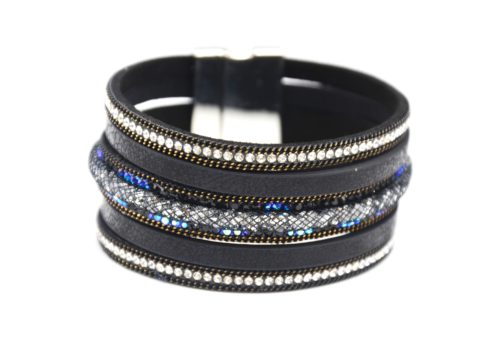 Bracelet-Manchette-Multi-Rangs-Simili-Cuir-Noir-avec-Tube-Resille-Chaines-et-Strass