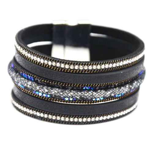 Bracelet-Manchette-Multi-Rangs-Simili-Cuir-Noir-avec-Tube-Resille-Chaines-et-Strass