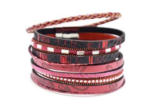 Bracelet-Manchette-Multi-Rangs-Simili-Cuir-Motif-Paisley-Bordeaux-avec-Pierres-Clous-et-Tresse