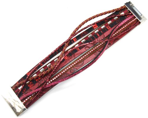 Bracelet-Manchette-Multi-Rangs-Simili-Cuir-Motif-Paisley-Bordeaux-avec-Pierres-Clous-et-Tresse