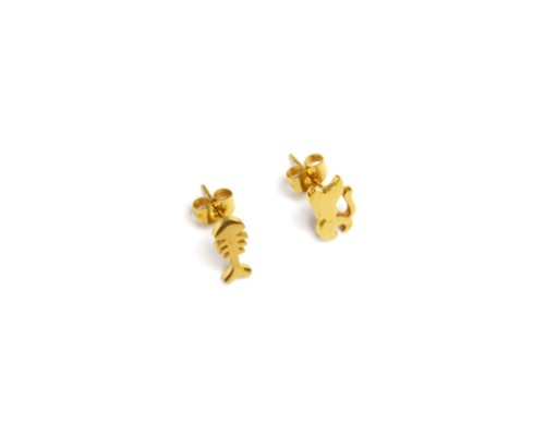 Boucles-dOreilles-Chat-et-Aretes-Poisson-Acier-Dore