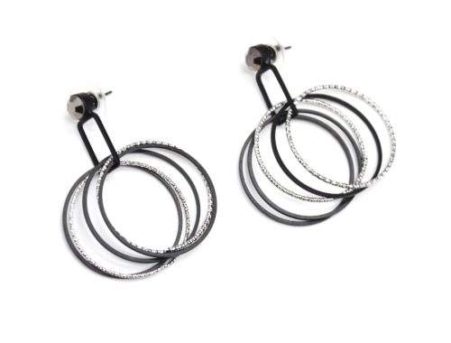 Boucles-dOreilles-Pierre-et-Multi-Cercles-Contour-Metal-Noir-Argente