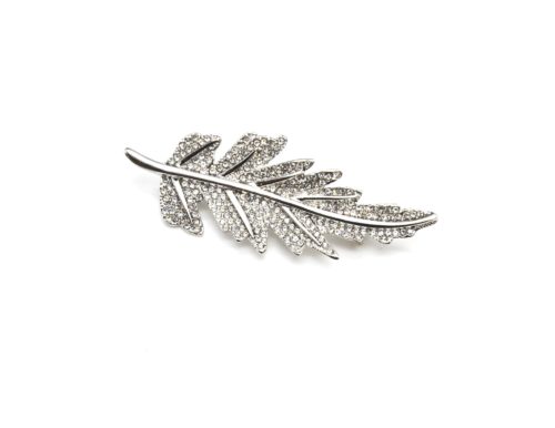 Broche-Feuille-Relief-Metal-Argente-Ornee-de-Strass