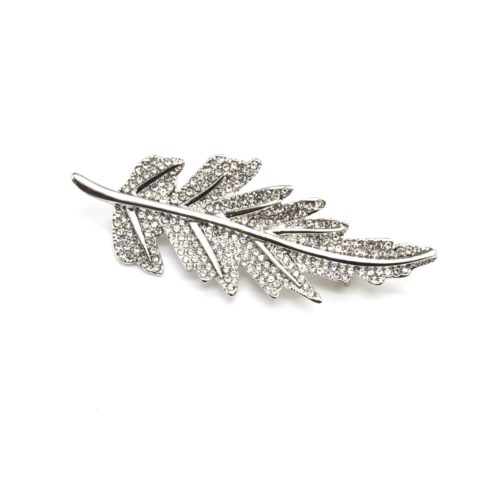 Broche-Feuille-Relief-Metal-Argente-Ornee-de-Strass