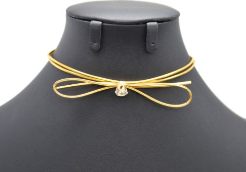 Collier-Choker-Ras-du-Cou-Double-Rangs-Vernis-Dore-avec-Noeud-et-Pierre-Ronde