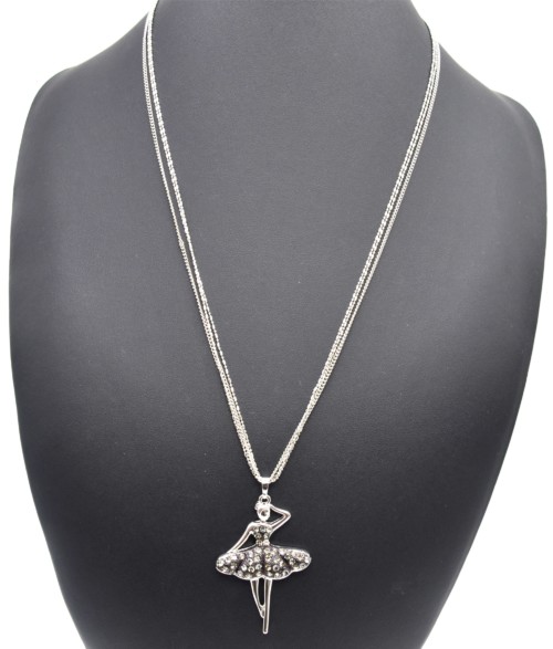 Sautoir-Collier-Pendentif-Danseuse-Robe-Metal-Noir-et-Argente-avec-Strass