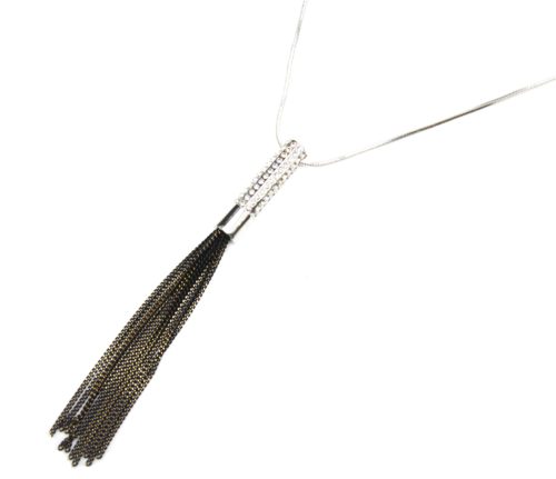 Sautoir-Collier-Pendentif-Tube-Strass-Argente-et-Chaines-Pendantes-Metal-Noir