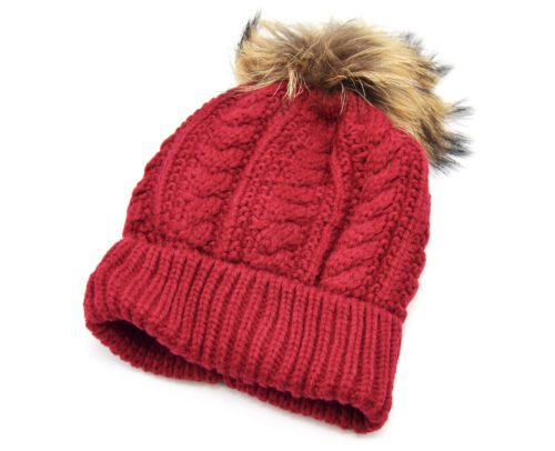 Bonnet-Hiver-Maille-Effet-Croise-Bordeaux-avec-Revers-Interieur-Polaire-et-Pompon-Fourrure-Beige