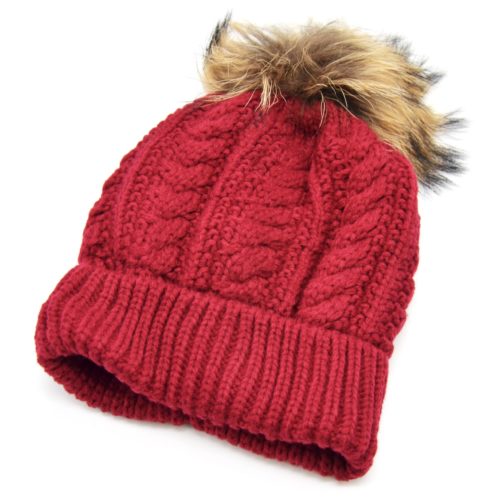 Bonnet-Hiver-Maille-Effet-Croise-Bordeaux-avec-Revers-Interieur-Polaire-et-Pompon-Fourrure-Beige