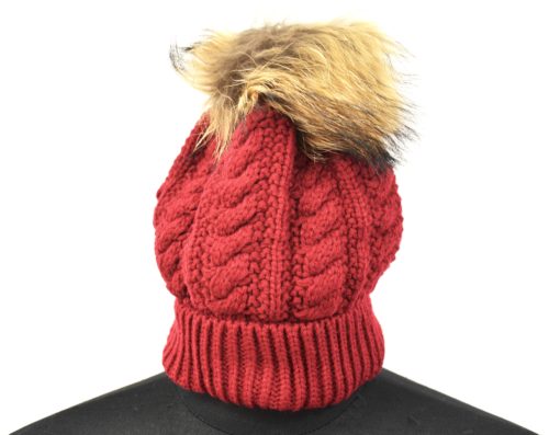 Bonnet-Hiver-Maille-Effet-Croise-Bordeaux-avec-Revers-Interieur-Polaire-et-Pompon-Fourrure-Beige