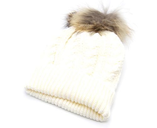 Bonnet-Hiver-Maille-Effet-Croise-Ecru-avec-Revers-Interieur-Polaire-et-Pompon-Fourrure-Beige