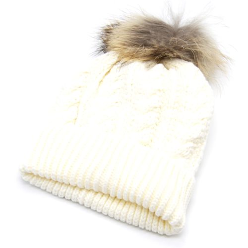 Bonnet-Hiver-Maille-Effet-Croise-Ecru-avec-Revers-Interieur-Polaire-et-Pompon-Fourrure-Beige