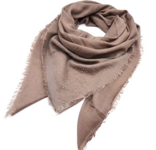 Foulard-Carre-Automne-Hiver-Taupe-Clous-avec-Contour-Franges