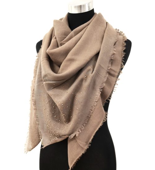 Foulard-Carre-Automne-Hiver-Taupe-Clous-avec-Contour-Franges