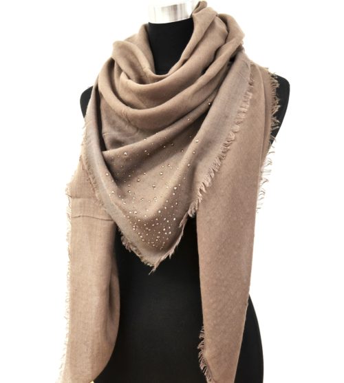 Foulard-Carre-Automne-Hiver-Taupe-Clous-avec-Contour-Franges