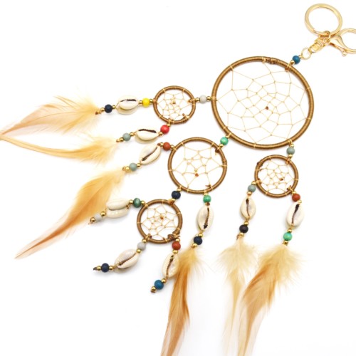 Porte-Cles-Bijou-de-Sac-Attrapes-Reves-avec-Perles-Bois-Cauris-et-Plumes-Beige