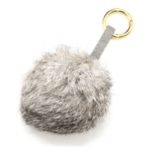 Porte-Cles-Bijou-de-Sac-Pompon-Boule-Fourrure-Synthetique-Gris-Chine-avec-Laniere-Simili-Cuir